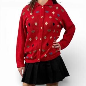 Vintage Twee Hearts Diamonds Wonderland Red Cardigan Sweater Sz Small